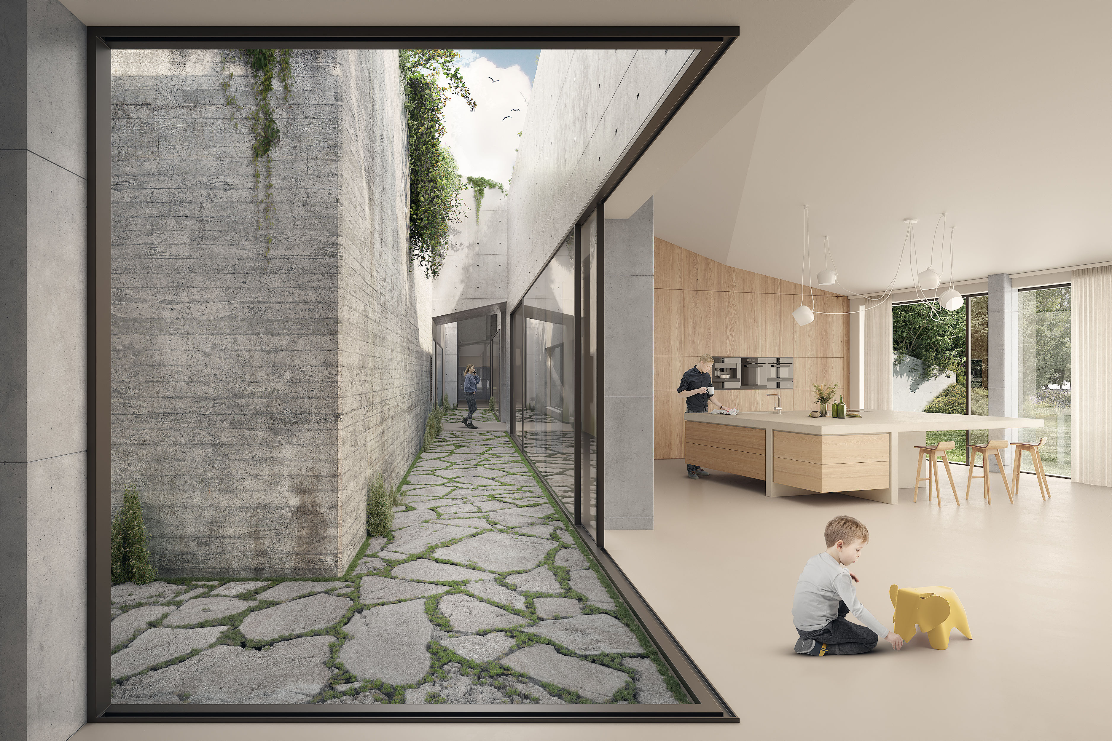 Render van het interieur van een woning in/naast een bunker